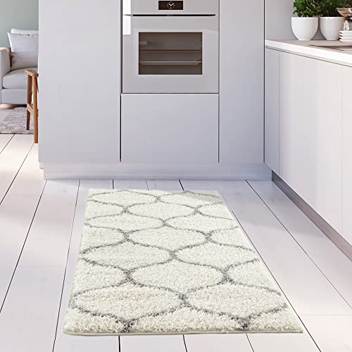 THE RUGS Shaggy Rug, Modern Moroccan Design Rugs for Living Room Bedroom, Hallway, 3 cm Thick Area Rugs, (Trellis Ivory/Grey - Image 3