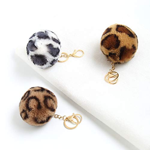 Furling 1Pc Golden Key Rings With Leopard Print Faux Fur Pompom Ball Fluffy Fur Pom Pom Garment Accessories Women Hand Bag Keychains 3.5In (White) #TOP1