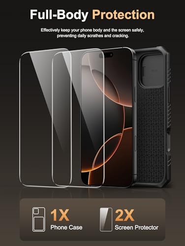 Image of Vihibii for iPhone 16 Pro Case with [2X Screen Protector], Built-in Card Holder (4 Cards), [RFID Blocking] & Slide Camera Cover & Tempered Glass Films, Rugged Wallet Cover for 16 Pro 6.3 inch 2024, Black