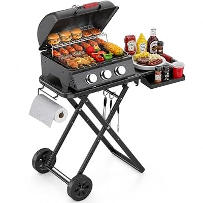 Laudlife 3 Burners Portable Gas Grill, 320 SQ.IN with Collapsible Stand & Side Table, 30000 BTU Propane BBQ Propane Grills with Slide-out Grease Box, Cooking Area for Camping, Tailgating & Backyard