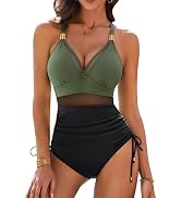 BMJL Womens Mesh Tummy Control Swimsuits One Piece Slimming Modest Bathing Suit Metal Ruched Swim...