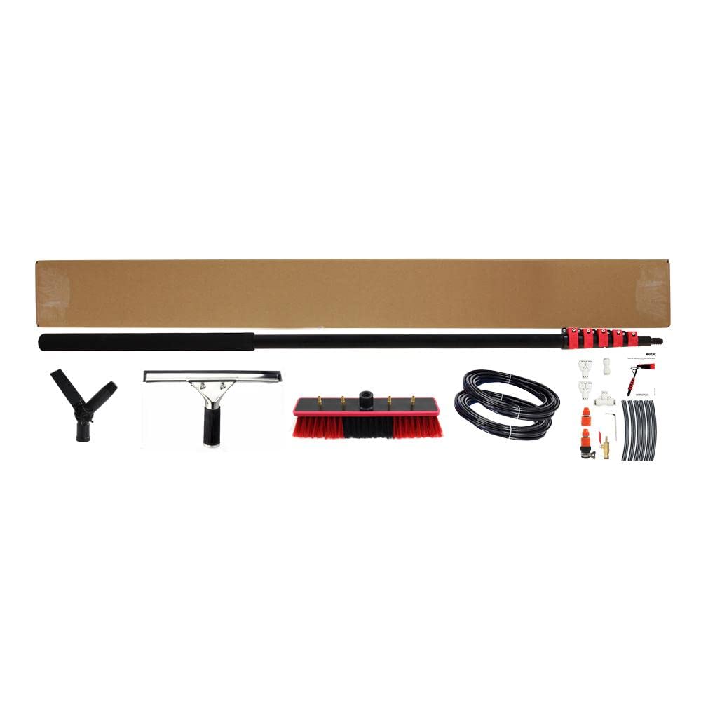 Kit de limpieza de ventanas con sistema de cepillo de alimentación de agua Exteon Pole de 17.7 pies, herramientas telescópicas de alto alcance para limpieza y brillo de ventanas exteriores sin