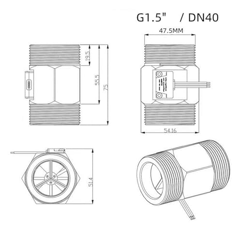 Caudalímetro de turbina G1.5 DN40 con sensor Hall de 1.75 MPa y alimentación de CC 5V a 24V 7