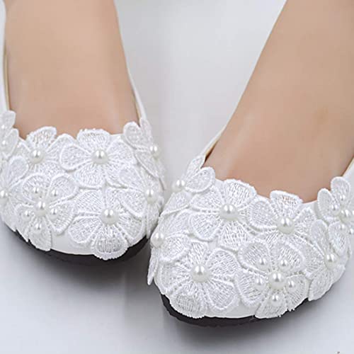 Bride Flats Shoes Lace Flowers Bridal Wedding Shoes Ankle Pearl Beads Wedding Shoes Princess Ballet Flats3