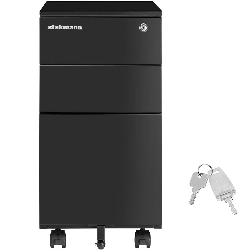 Armadio in Metallo da Ufficio con 2 Chiavi e Serratura, Cassettiera Nera Ideale per scrivania, Mobile Archiviazione Faldoni, Archivio Studio Porta Documenti, (2 + 1 Cassetti Nero)