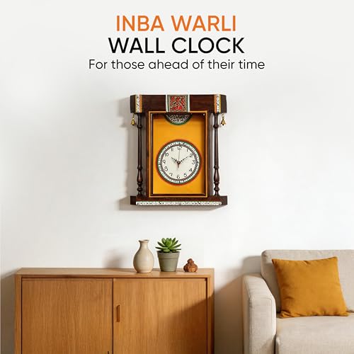 Image of AAKRITI ART CREATIONS Wall Clock Handcrafted Warli Art Yellow Dial with Glass Frame Brown, Yellow | Wall Clock for Home, Home Decoration | Wooden wall Decor | Matte Finish