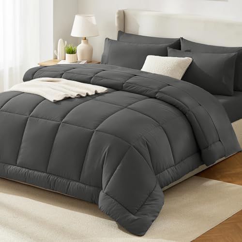 HIMEET Queen Comforter Set Dark Grey, Luxury Soft Bed in a Bag, Fluffy Dark Gray Bed Set Queen Size 7 Pieces, All Seasons Bedding Sets with Comforter, Flat Sheet, Fitted Sheet & Pillowcases