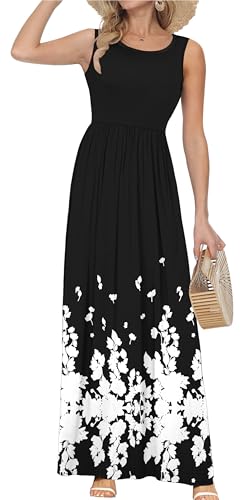 Image of AUSELILY Women's Summer Sleeveless Loose Plain Casual Long Maxi Dresses | Year Round wear solid floral print, Casual daily wear, Empire waist, Floor length, Side pockets New