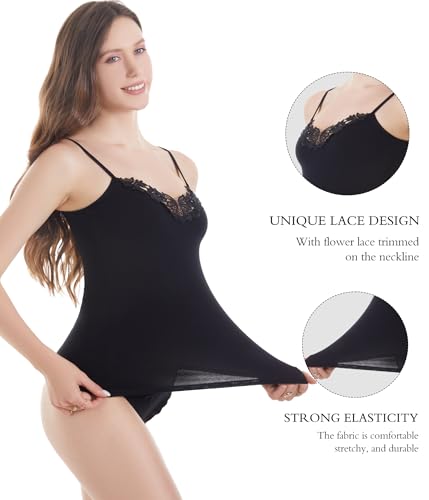 Image of Womens Tank Top Camisoles with Premium Cotton Italian Design - Trimmed with Flower Lace on Neckline