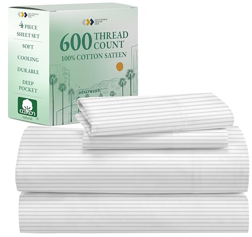 CALIFORNIA DESIGN DEN 5-Star Hotel 600 Thread Count 100% Cotton, Soft & Smooth Queen Sheet Set with Deep Pockets, Quality Beats Egyptian Cotton Claims (Ticking Stripe Grey)
