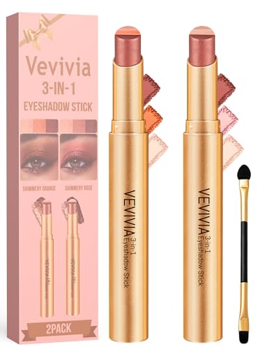 Vevivia 2pcs 3 Color Eyeshadow Stick Waterproof Glitter Highlighter Stick Long Lasting Creamy Eye Shadow with Vitamin E Makeup for Day & Night Look 1.13 Oz (Shimmer rose+Shimmer orange)