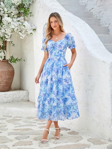 Image of Scarlet Darkness Women Floral Maxi Dress Puff Sleeve Tea Party Corset Dress | Pockets, Ruched Bust, Ruffled Hem, for Cottagecore Fairy Milkmaid Vacation