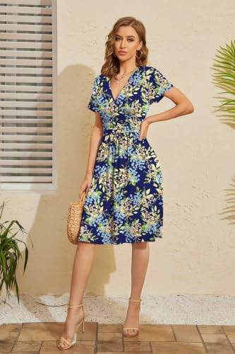Image of WEACZZY Women's Summer Short Sleeve Casual Dresses V-Neck Floral Party Dress with Pockets