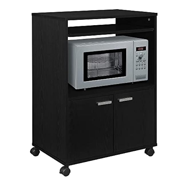 Kings Brand Furniture Byron Microwave Cabinet with Storage and Upper Pull Out Shelf - 2 Door Cabinet Kitchen Storage Cart - Laminate Wood Kitchen Cart with Lockable Castors Wheels - Black-js3PIHQe