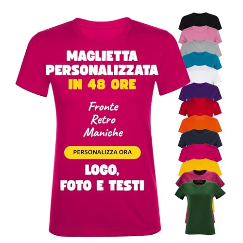 PACDESIGN Maglietta Personalizzata Donna 100% Cotone - Tshirt Personalizzate con Foto, Logo, Nome, Frasi - Regali e Gadget Personalizzati (Fucsia - L)