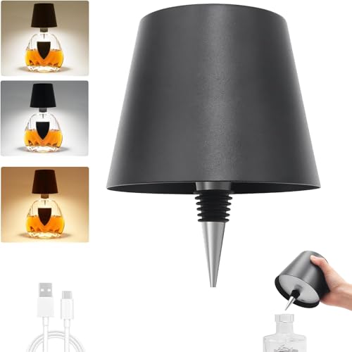 TGXCF Wireless Bottle Lamp,Metal Wine Bottle Light with 3 Color Light Dimming, Waterproof Bottle Touch Lamp Head for Room, Bar, Restaurants, Party, Decor & Gifts (Black)
