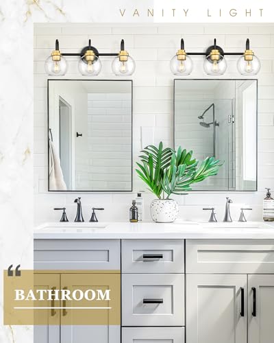 Image of Bathroom Light Fixtures, 3-Light Black and Gold Vanity Lights with Globe Clear Glass, Modern Vanity Lighting Fixtures Over Mirror, AD-22280-3W-KG