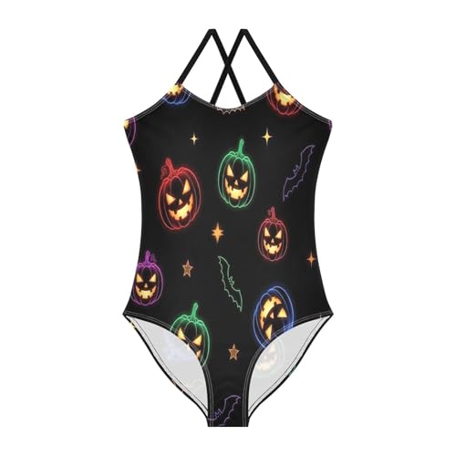 Glowing Neon Pumpkins One Piece Girls Swimsuit, Beach Bathing Suit 3-10 Y with Adjustable Shoulder Strap, 3-10 Y