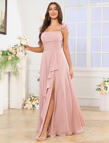 Spaghetti Straps Chiffon Bridesmaid Dresses Square Neck Ruffles A Line Long Evening Dress with Slit Pockets4