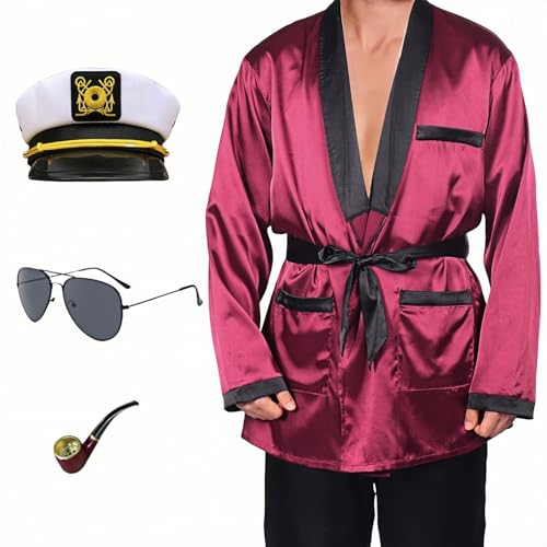 Boyigog Captain Costume-5Pcs Captain Outfit with Red Silk Robe Jacket Black Pants Captain Hat Sunglasses Pipe Red Silk Bathrobe Costume Halloween Carnival Cosplay Theme Party for Adult (M)