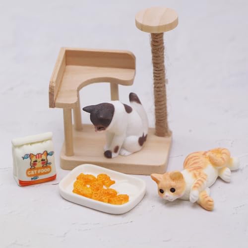 Quintrost Mini Katzenkratzbaum Puppenhaus, 1:12 Katzenklettergerüst Set, Holz Simulierter Katzen Mini Modell Ornamente Spielzeug, Puppenhaus Katze DIY Dekor Zubehör (Holzfarbe)