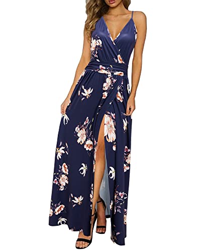 Image of Newshows Women's Summer 2025 Trendy Dress Beach Vacation V Neck Spaghetti Strap Sleeveless Casual Split Wear to Work Long Maxi Dress (Dark Blue Floral White, Small)