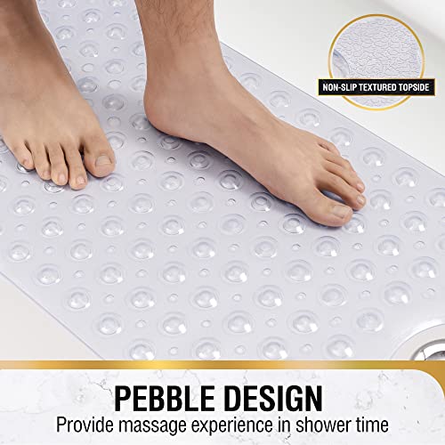 Hitslam Bath Mat For Tub, Non Slip Bathtub Mat, 40 X 16 Inch Extra Long Bath Tub Mat, Machine Washable Bathroom Shower Mat With Suction Cups And Drain Holes, Soft On Feet, Clear #TOP2