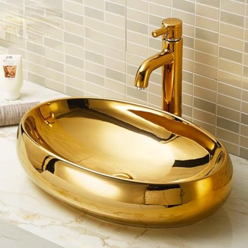 Image of HISRE Table Top Wash Basin For Bathroom | Over Counter Top Wash Basin For Living Room | Golden Washbasin Countertop | Tabletop Ceramic Bathroom Kitchen Sink (24 x 16 x 6 Inch) (SKTHI2202)