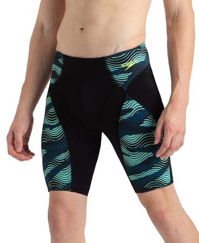 Image of Speedo Men's Endurance+ Hydrosense Print Compression Jammer Swimming Trunks | Chlorine Resistance | Quick Drying | Elasticated Waistband with Silicone Gripper | Flat Drawstring | V-Cut Design