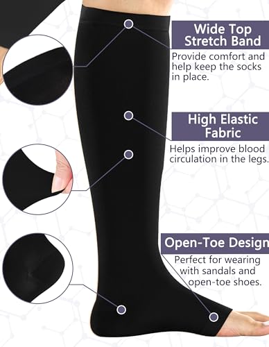 Image of +MD 2 Pairs 20-30 mmHg Compression Socks for Women & Men, Knee High Open Toe Stockings, Graduated Support & Comfort Hose