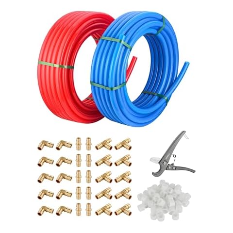 EFIELD 1/2-inch 2 x100 ft Pex-A Tubing/Pipe （All in One） Red & Blue 200 ft， 30 PCS 1/2" Brass Expansion pex Fittings- Elbow Tee Coupler (30 PCS), 1/2' Expansion Rings (100 Pcs), Pipe Cutter (1/2-inch) Cover