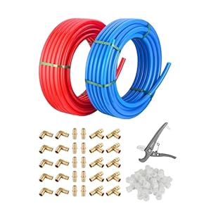 EFIELD 1/2-inch 2 x100 ft Pex-A Tubing/Pipe(All in One) Red & Blue 200 ft, 30 PCS 1/2″ Brass Expansion pex Fittings- Elbow Tee Coupler (30 PCS), Expansion Rings (100 Pcs), Pipe Cutter,(XRB1960)