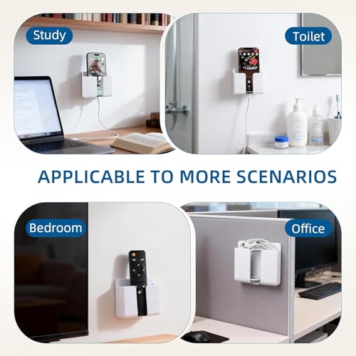 Image of Wall Mounted Mobile Holder with Charging Hole | Phone Stand Storage Case for Remote & Smartphone | Self Adhesive ABS Plastic Organizer for Bathroom, Kitchen, Bedroom | Pack of 4 (White)