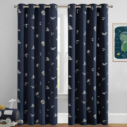 Image of BFAM Kids Blackout Curtains 9 feet Set of 1 - 100% Room Darkening, Thermal Insulated, Noise Reducing, Cute Blue Dino Prints, Eyelet Curtains for Playroom, Bedroom & Nursery, Pack of 1 Curtain