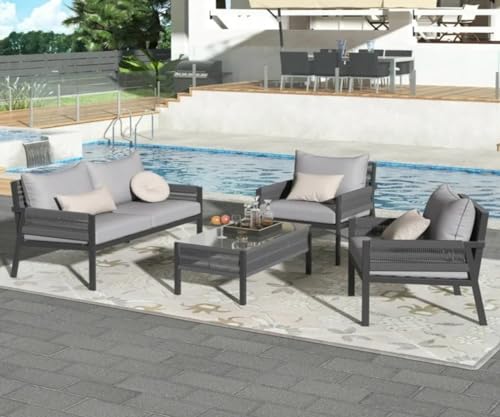 Image of 4 Seater Indoor /Outdoor Rope Woven Patio Conversation Set Powder-Coated Iron Frame Handwoven Weaving Rope Modern Sofa for Balcony,Backyard,Living Room,Waterproof Furniture(Grey)