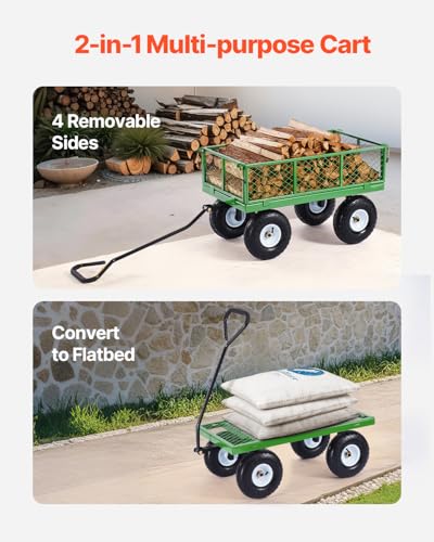 VEVOR 680 Lbs Steel Garden Cart on Wheels, Heavy Duty Garden Wagon Cart Pullable, Metal Outdoor Utility Yard Wagon Carts with 10" Tires, Mesh Removable Sides and 180°Rotating Handle