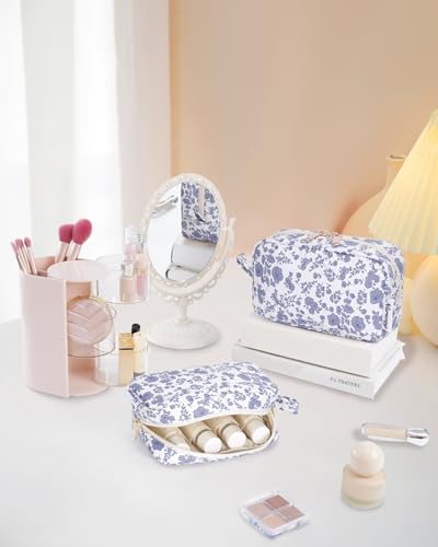 Image of Narwey Cute Makeup Bag Small Toiletry Bag Travel Cosmetic Bag Organizer Make Up Bags with Organized Pockets for Women (Little Grayish Blue Flower, Large)