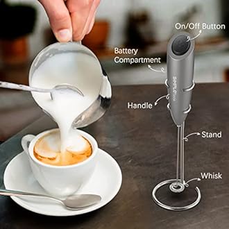 SimpleTaste Electric Milk Frother, One Touch Handheld Battery Powered Electric Foam Maker with Stand, Grey