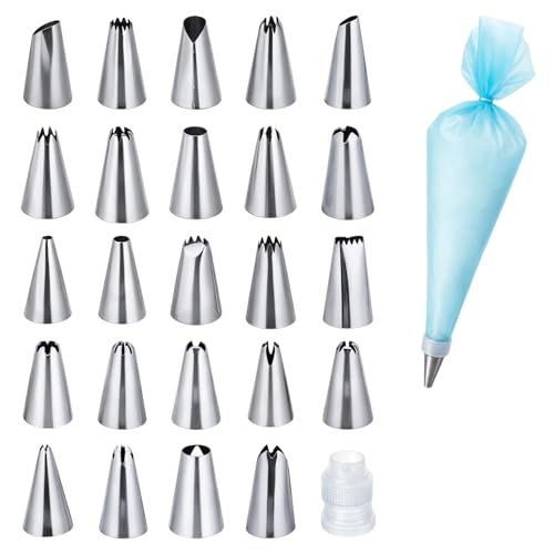26Pcs Piping Tips Set: 24Pcs Icing Piping Tips with Reusable Pastry Bags and Coupler Baking Supplies Kit for Cookies Cupcakes