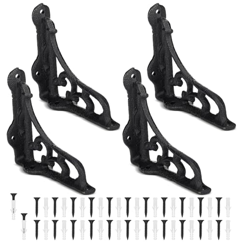 Otoolling 4 Pack 4-1/8 x 3-5/8 Black Antique Shelf Brackets Decorative L Cast Iron Shelf Bracket Brace Heavy Duty Wall Mounted Floating Rustic Vintage Baroque for Farmhouse DIY