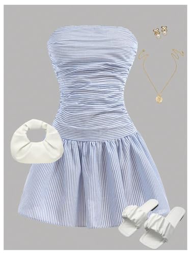 WDIRARA Women's Striped Strapless Fit and Flare Tube Top Dress Y2K Ruched Shirred Ruffle Mini Dresses4