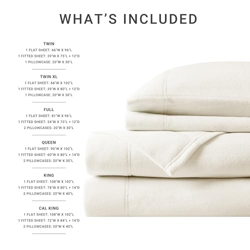 Image of True North by Sleep Philosophy Micro Fleece Bed Sheet Set, Warm, Sheets with 14 inch Deep Pocket, for Cold Season Cozy Sheet-Set, Matching Pillow Case, King, Ivory, 4 Piece