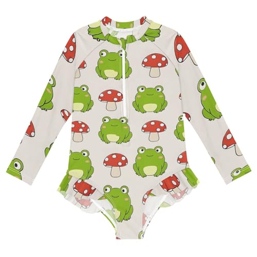 Girls One Piece Swimsuits Long Sleeve Swimsuit Zipper Bathing Suits Mushroom Green Frog