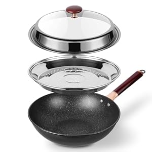 12.5” Woks & Stir-Fry Pans with Lid Steamer, Nonstick Ceramic Wok Pan with Lid, Deep Large Induction Hard Anodized Frying Wok, Carbon Steel Wok Set Flat Bottom, Large Saute Pan Set