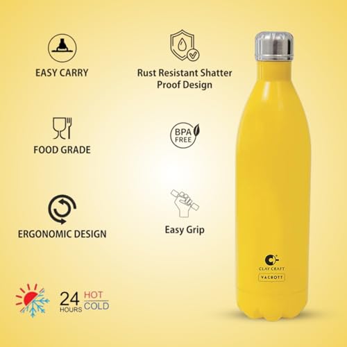 Image of Clay Craft Vacbott Stark Solid Double Walled|18 Hours Hot and 24 Hours| Cold Water Bottle Vacuum Insulated Flask Bottle 1000 ml|2 Piece|Leak Proof|Office Bottle|Gym|Home|Kitchen