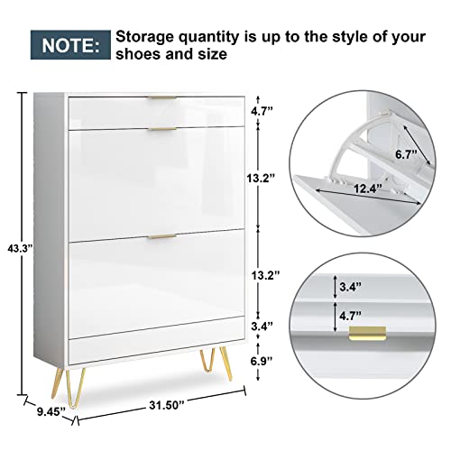 Gitua High Glossy Shoe Cabinet, Free Standing Shoe Storage Cabinet With 2 Flip Drawers, Narrow Hidden Shoe Rack Cabinet For Entryway, Modern 3 Tier Shoes Organizer, White #TOP1