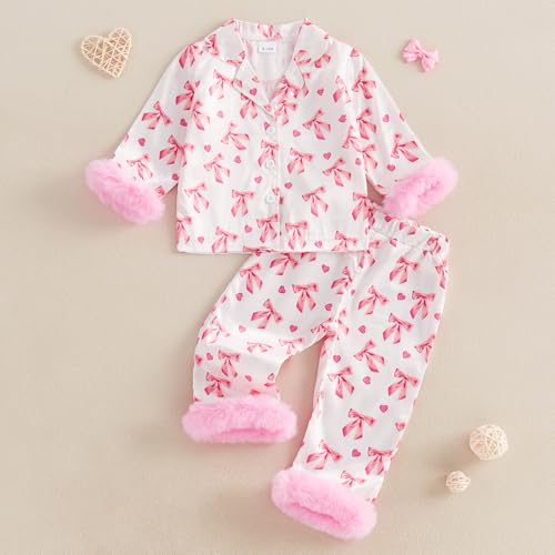 Toddler Kids Girl Valentine's Day Pajamas Set Love Heart Long Sleeve Button Shirts Tops Pants 2Pcs Pjs Loungewear2