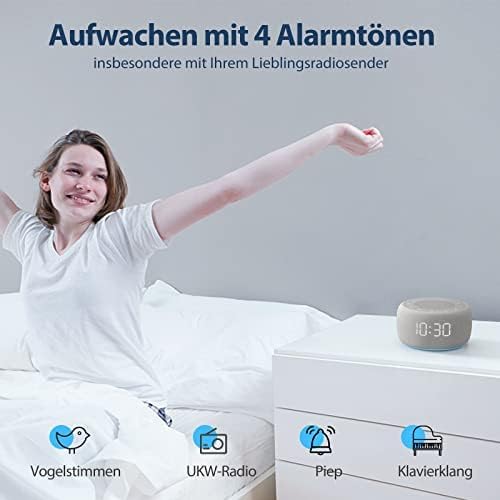 Image of a person stretching in bed, with icons representing the four alarm sounds: bird sounds, FM radio, beep, and piano sound, available on the Buffbee RS11 alarm clock.