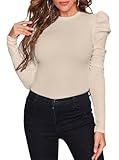 Picture of Remidoo Women’s Puff Sleeve Top Long Sleeve Crewneck Ribbed Blouse Elegant Basic Tee Shirts Slim Fit Casual Tops Beige Large