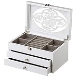 Ce superbe bijoux est doté de 2 tiroirs confortables et d'un compartiment principal avec fermeture en métal, riche en espaces où placer colliers bracciaili boucles d'oreilles et bagues, est entièrement réalisé en bois blanc avec compartiments intérieurs recouverts de velours dans un superbe couleur taupe et est décoré avec un beau dessin à incrustations avec verre qui optimise l'ensemble bijoux en le rendant vraiment unique.